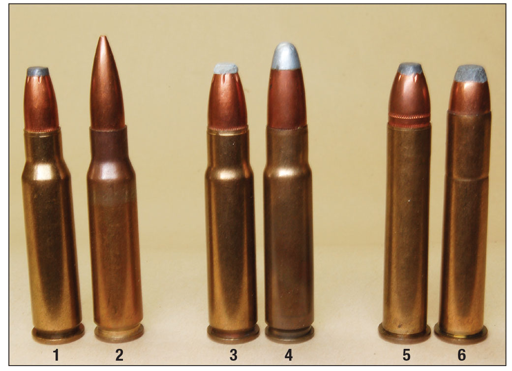 Big Bore Model 94 cartridges and the rounds they are patterned after: (1) 307 Winchester, (2) 308 Winchester, (3) 356 Winchester, (4) 358 Winchester, (5) 375 Winchester and (6) 38-55 Winchester.